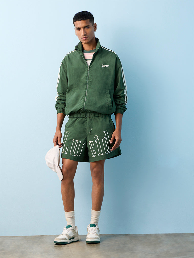 Nuon Green Text-Printed Loose-Fit Mid-Rise Shorts