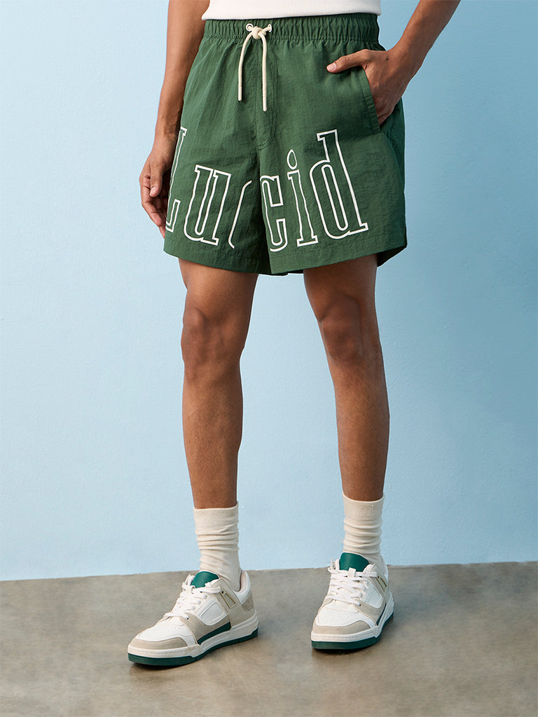 Nuon Green Text-Printed Loose-Fit Mid-Rise Shorts