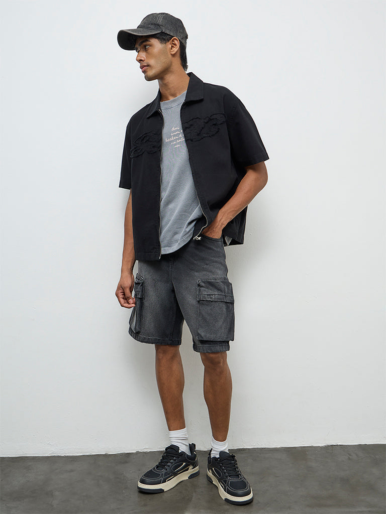 Nuon Black Embroidered Relaxed-Fit Cotton Shacket