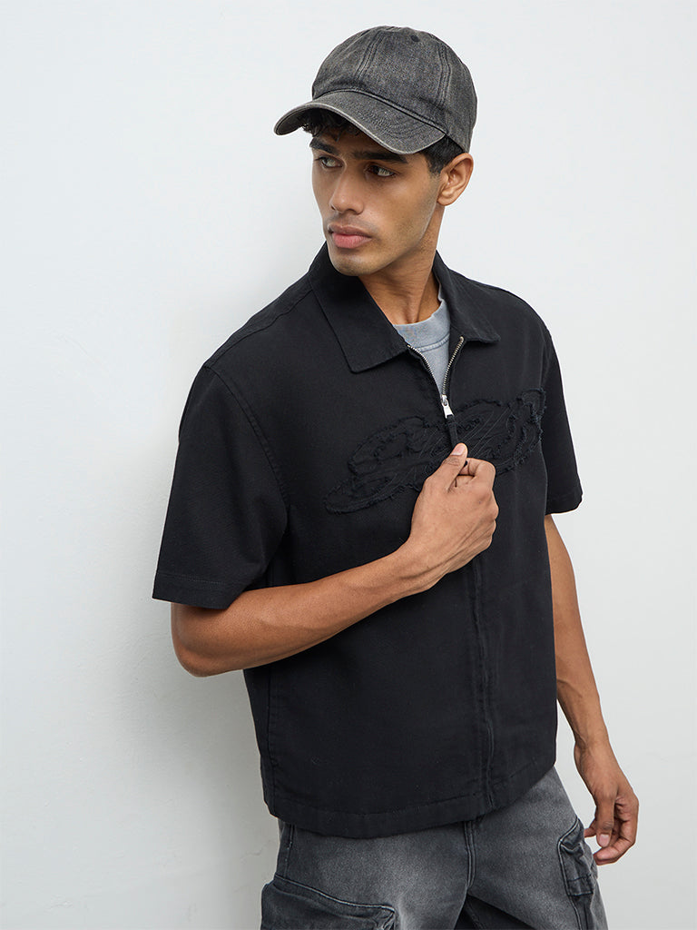 Nuon Black Embroidered Relaxed-Fit Cotton Shacket