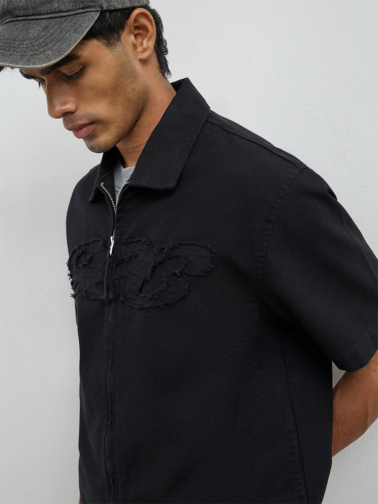 Nuon Black Embroidered Relaxed-Fit Cotton Shacket
