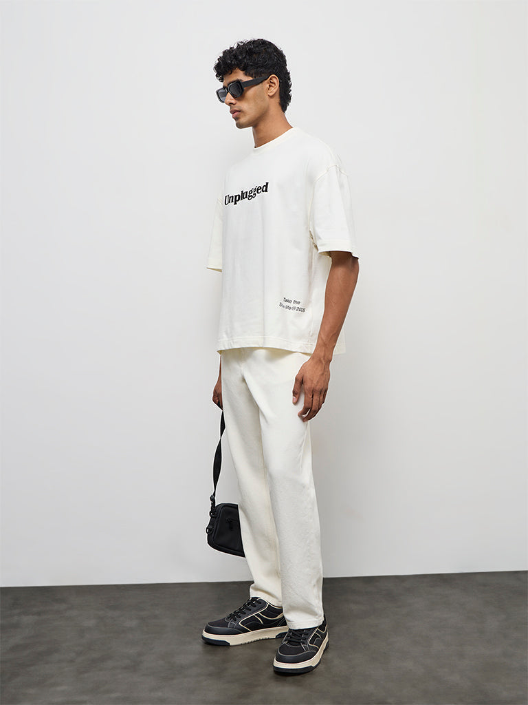 Nuon Off-White Text Printed Relaxed-Fit Cotton T-Shirt