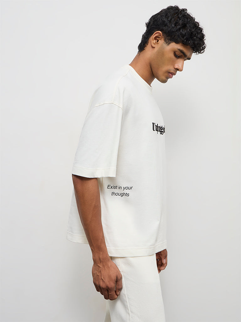 Nuon Off-White Text Printed Relaxed-Fit Cotton T-Shirt