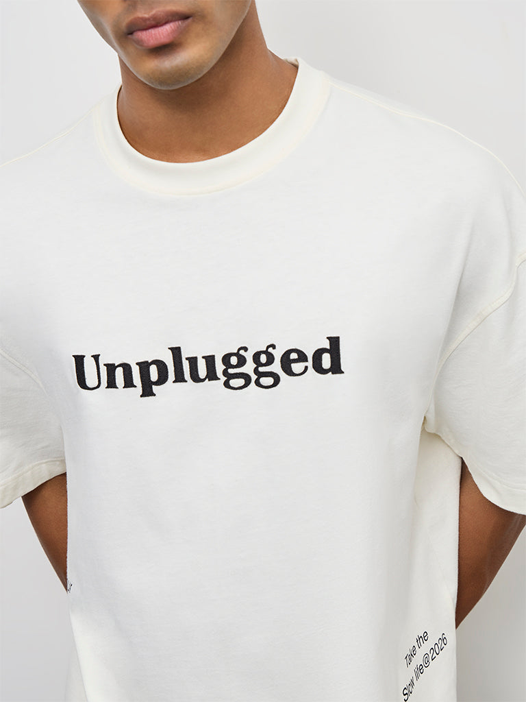 Nuon Off-White Text Printed Relaxed-Fit Cotton T-Shirt