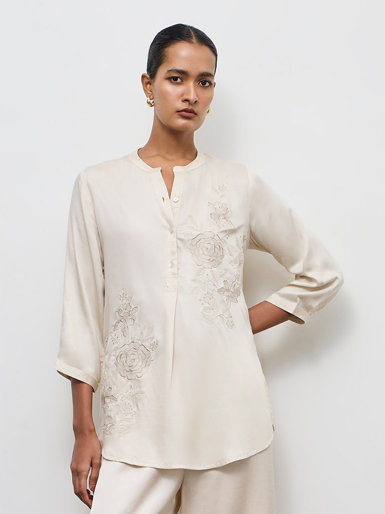Zuba Off-White Floral Embroidered Tunic