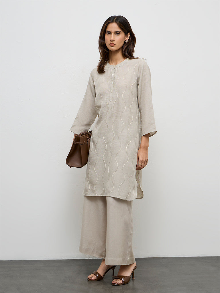 Zuba Light Taupe Embroidered Linen A-Line Kurta