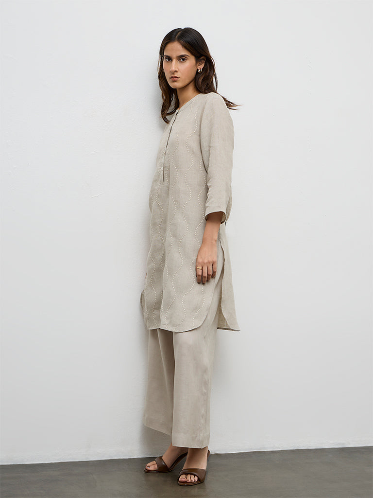 Zuba Light Taupe Embroidered Linen A-Line Kurta