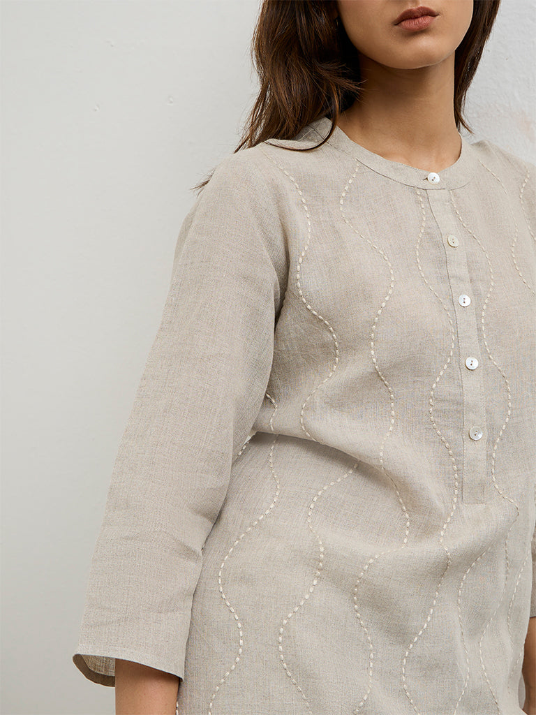 Zuba Light Taupe Embroidered Linen A-Line Kurta