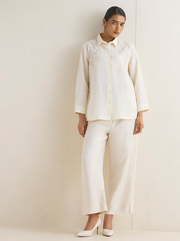 Zuba Cream Floral Embroidered Linen Tunic