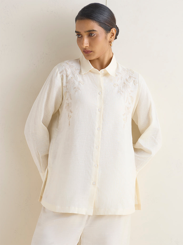 Zuba Cream Floral Embroidered Linen Tunic