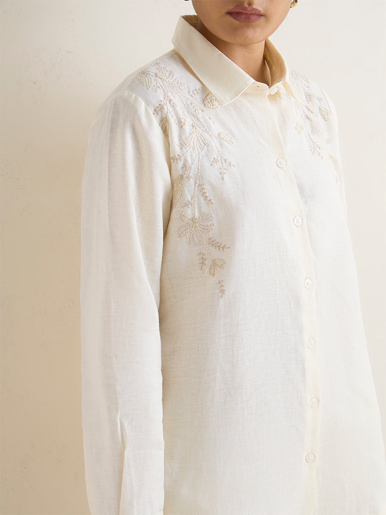 Zuba Cream Floral Embroidered Linen Tunic