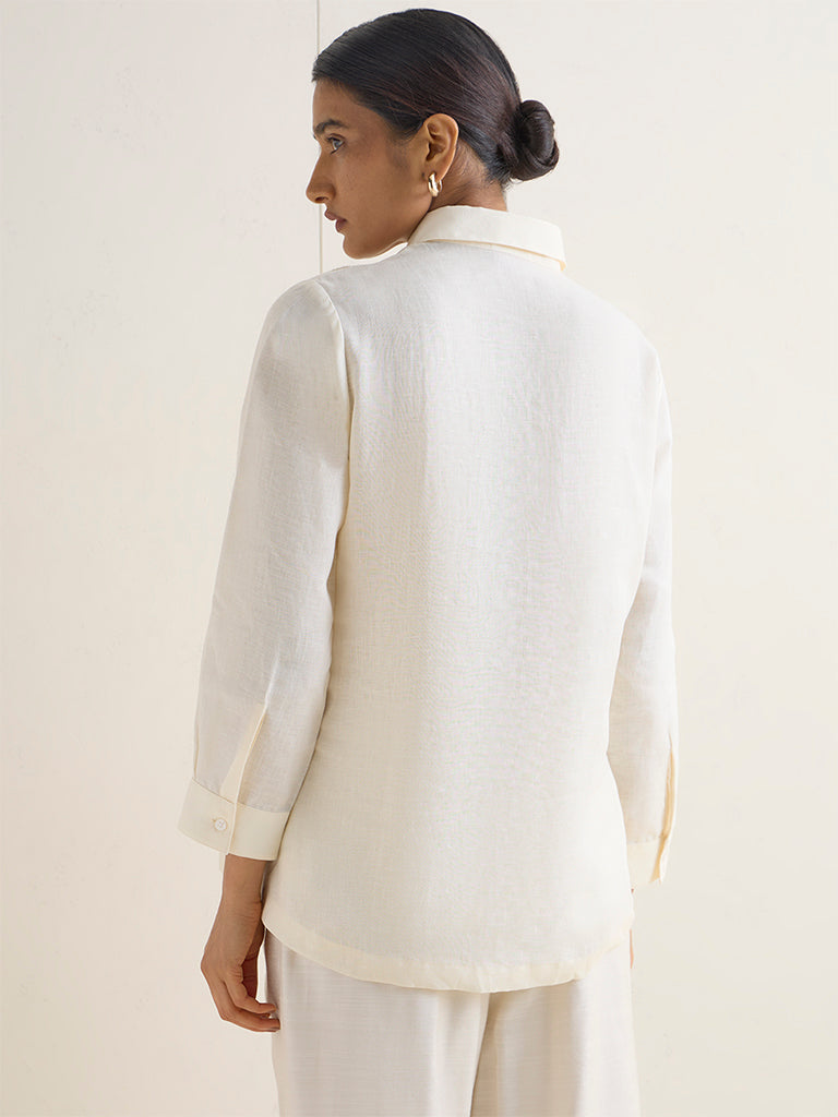 Zuba Cream Floral Embroidered Linen Tunic