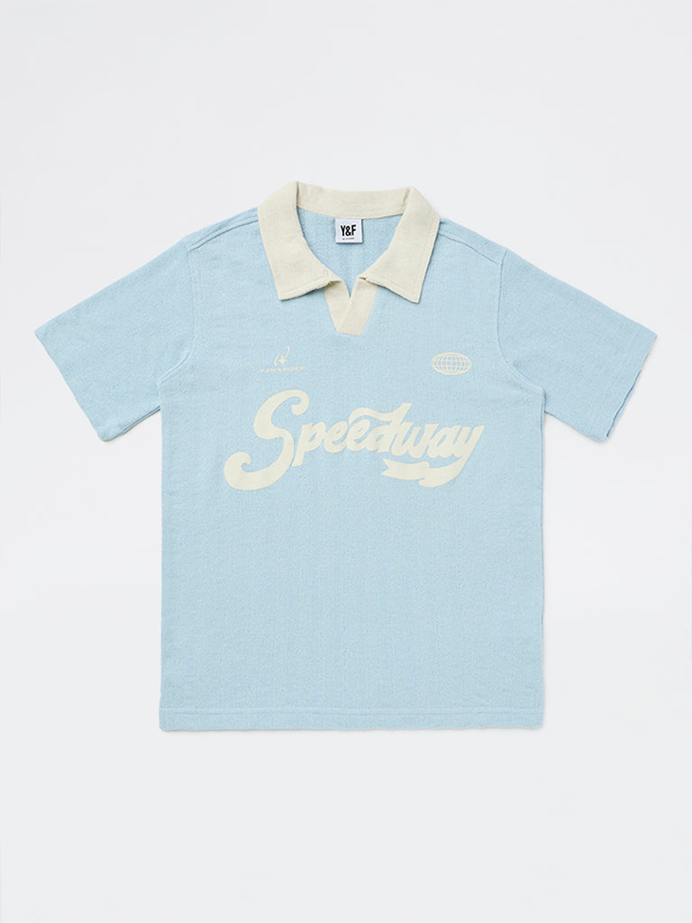 Boys Light Blue Text-Printed Cotton-Blend T-Shirt