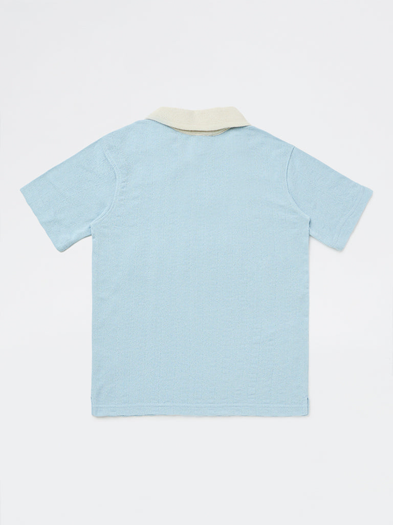Boys Light Blue Text-Printed Cotton-Blend T-Shirt