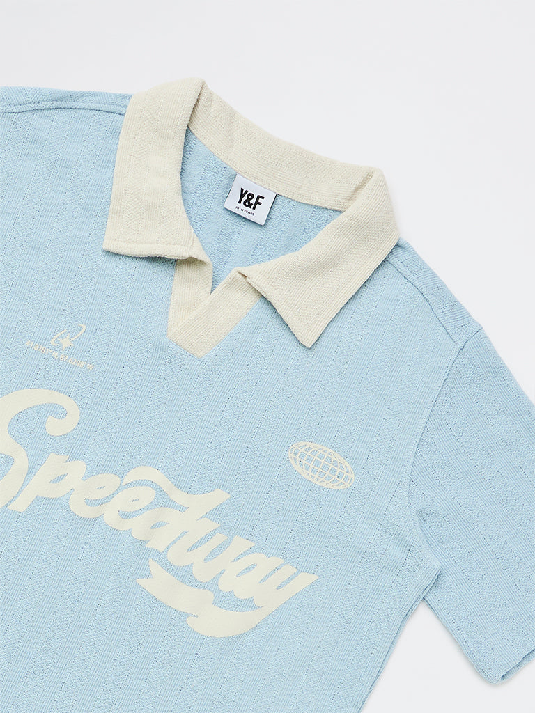 Boys Light Blue Text-Printed Cotton-Blend T-Shirt