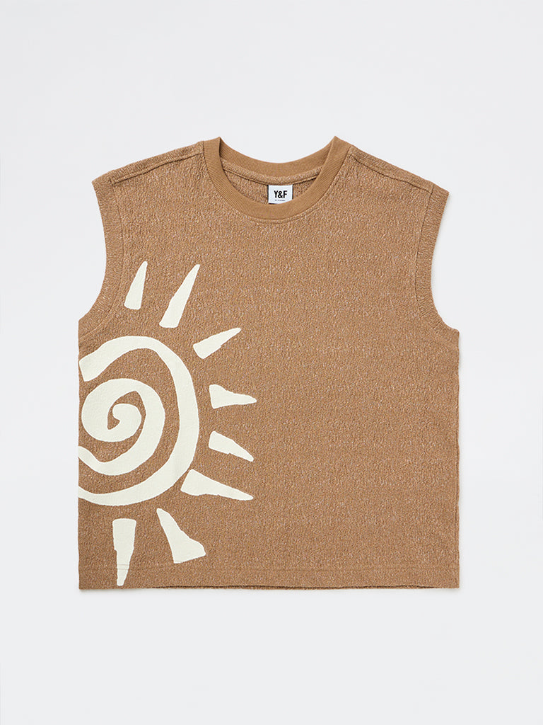 Boys Brown Printed Cotton-Blend T-Shirt