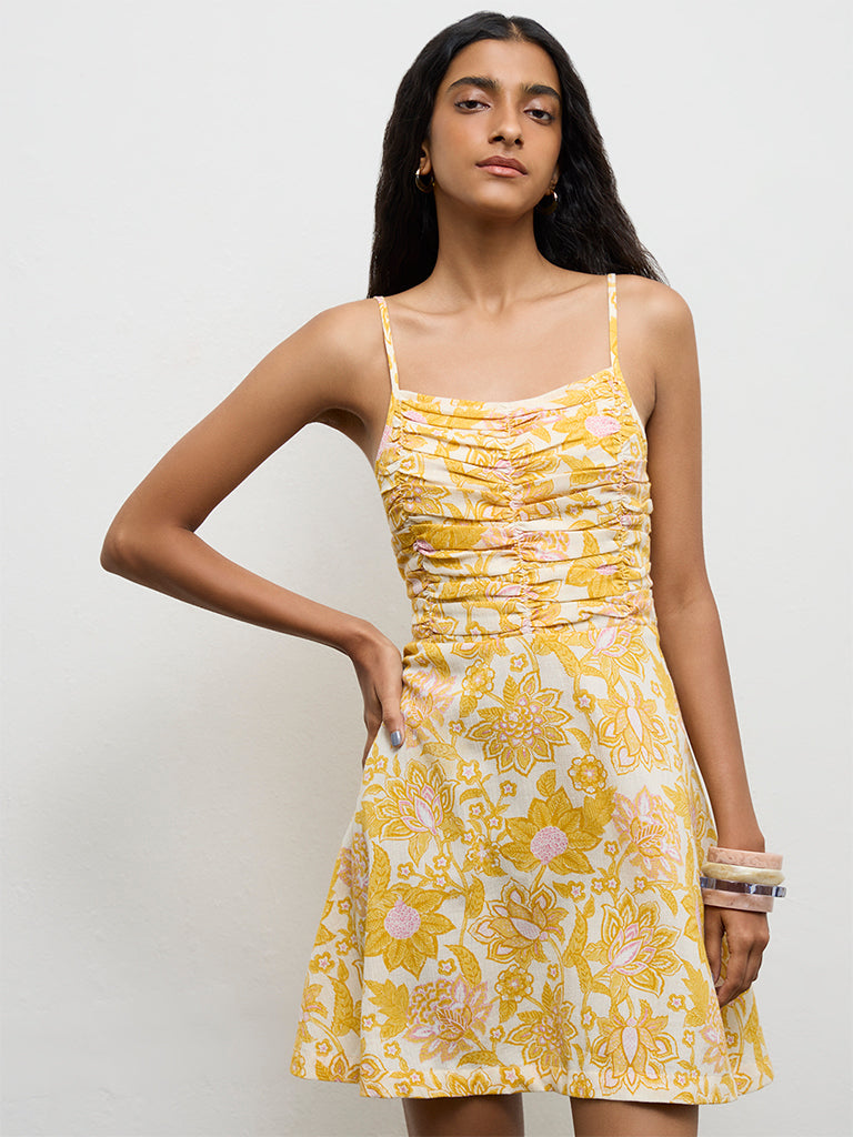 Bombay Paisley Yellow Floral Printed Cotton A-Line Dress