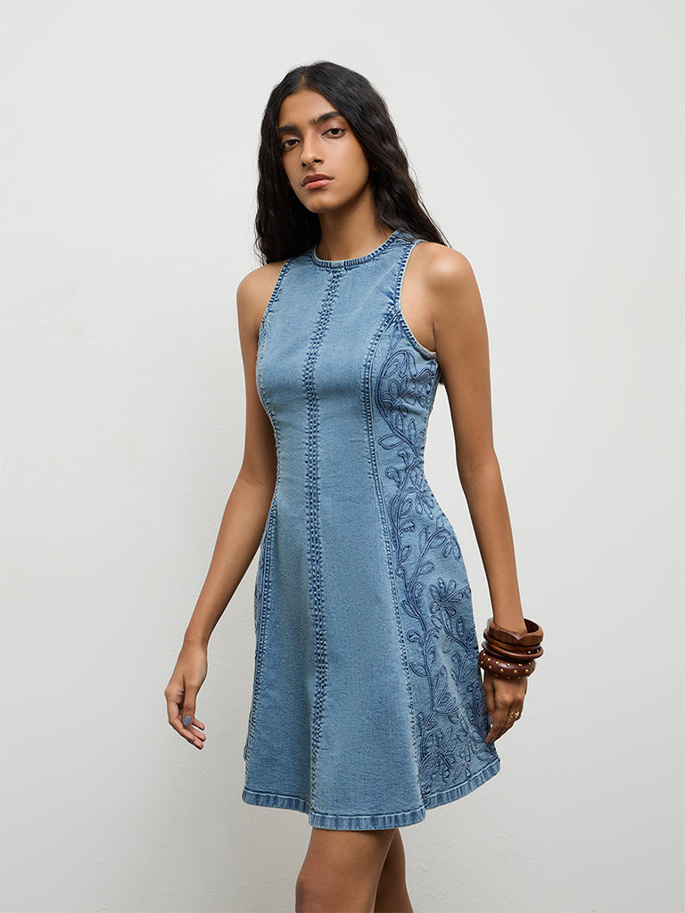 Bombay Paisley Blue Floral Pattern Denim A-Line Dress