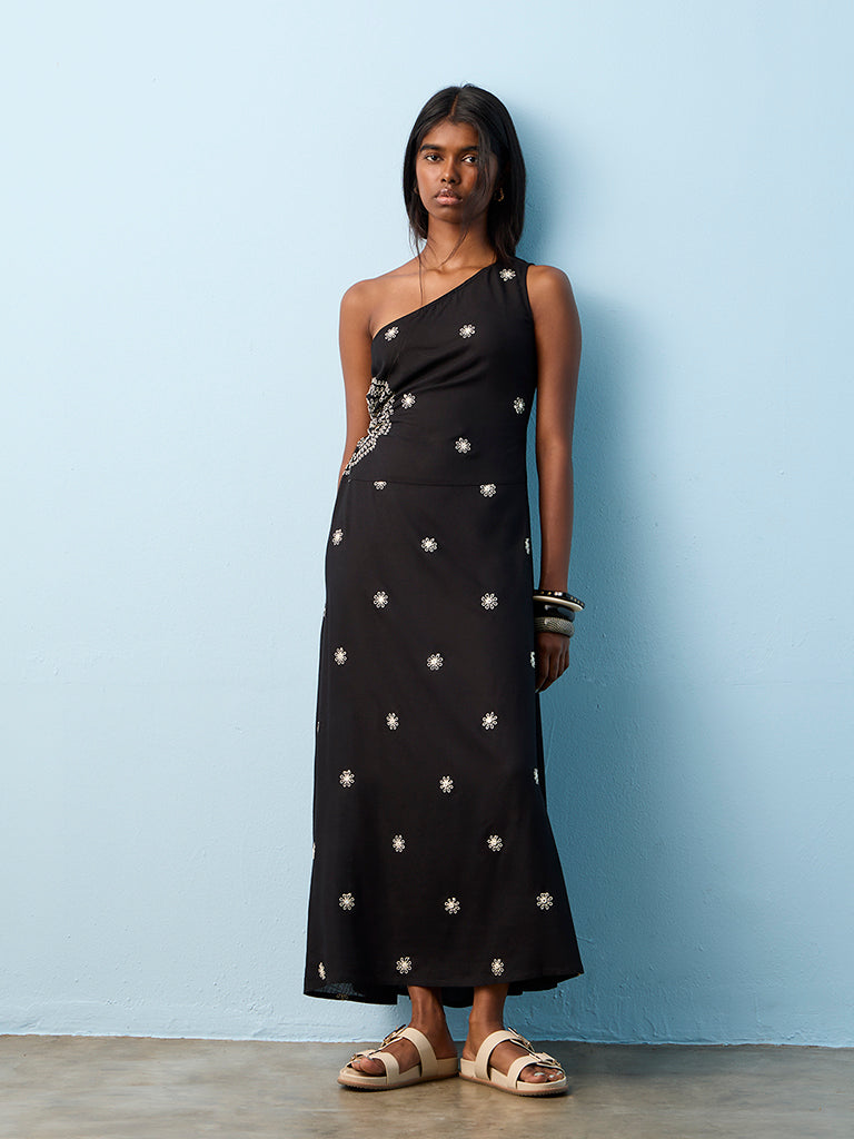 Bombay Paisley Black Embroidered One-Shoulder Dress