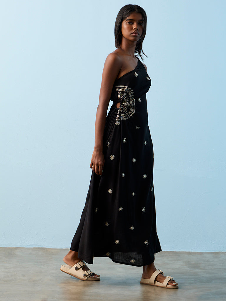 Bombay Paisley Black Embroidered One-Shoulder Dress