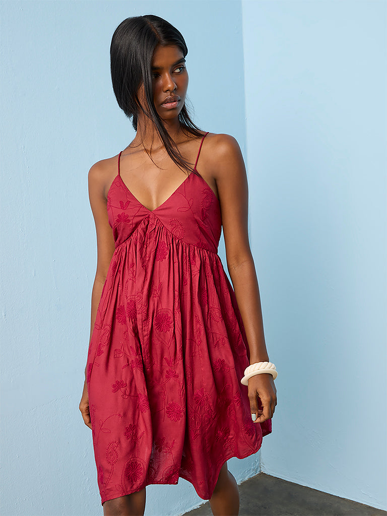 Bombay Paisley Red Floral Embroidered A-Line Dress