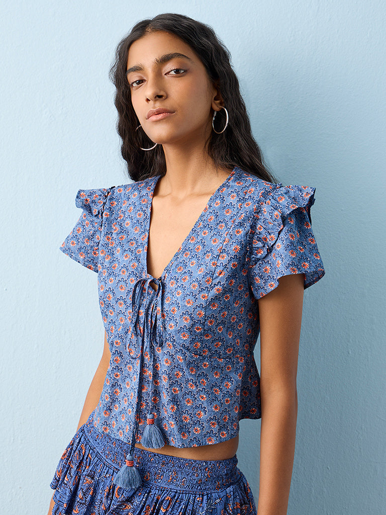 Bombay Paisley Blue Floral Pattern Cotton Top