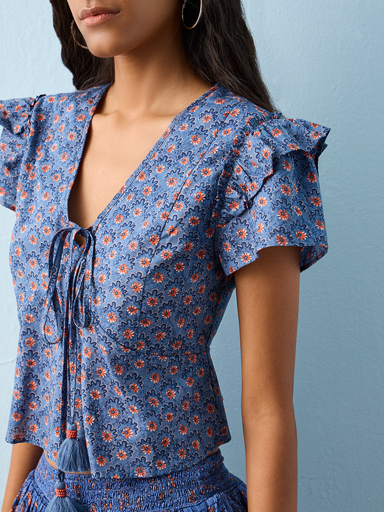 Bombay Paisley Blue Floral Pattern Cotton Top