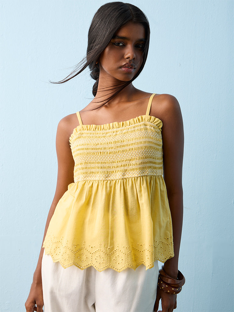 Bombay Paisley Yellow Smocked Peplum Cotton Top