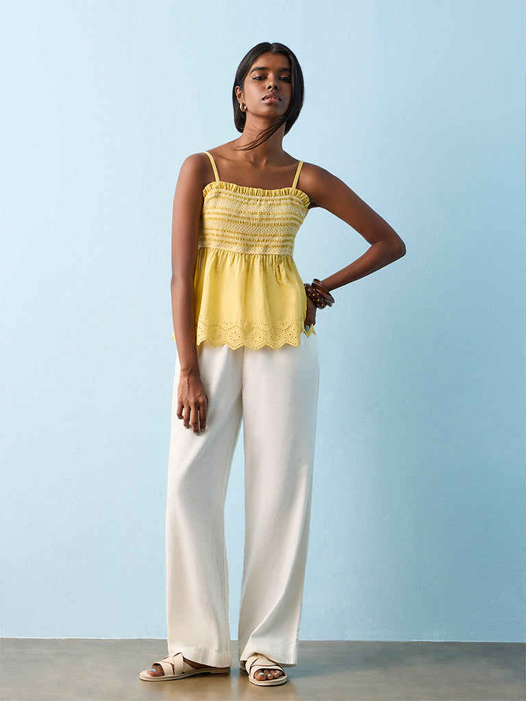 Bombay Paisley Yellow Smocked Peplum Cotton Top