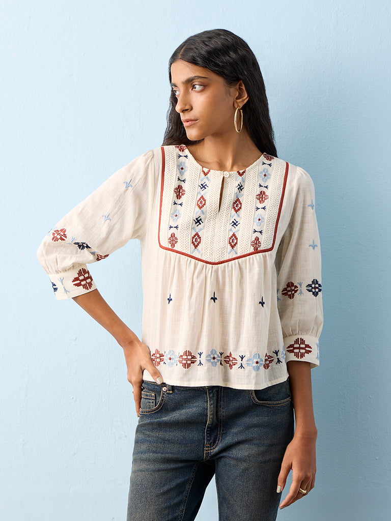 Bombay Paisley Off-White Embroidered Cotton Top