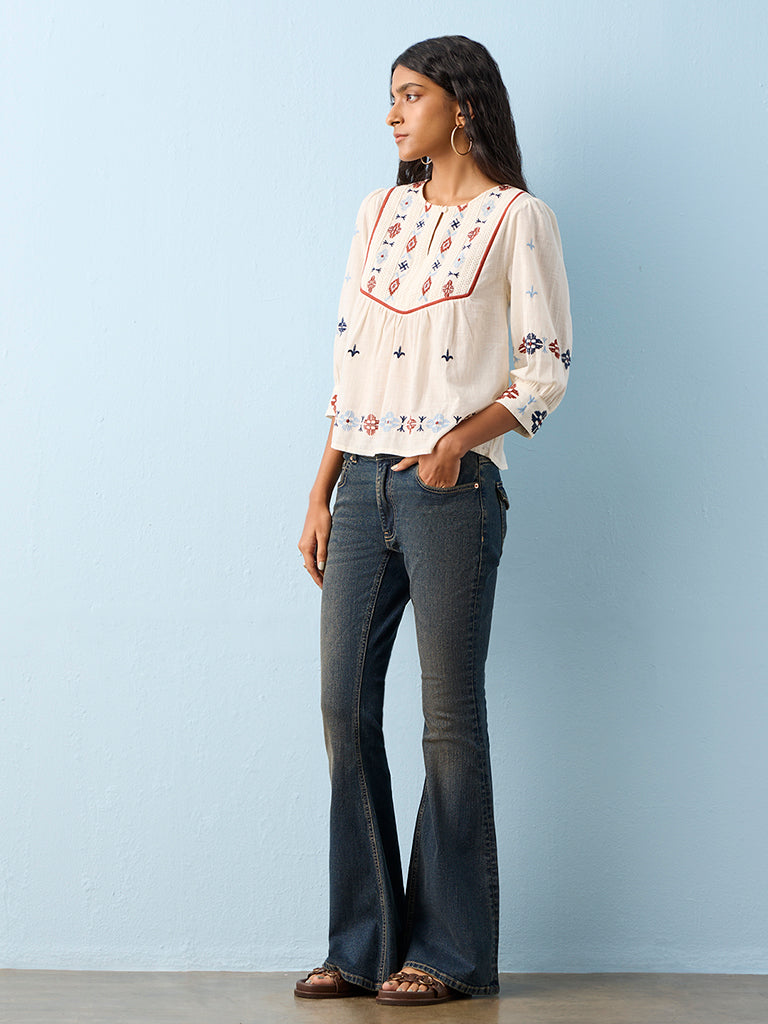 Bombay Paisley Off-White Embroidered Cotton Top
