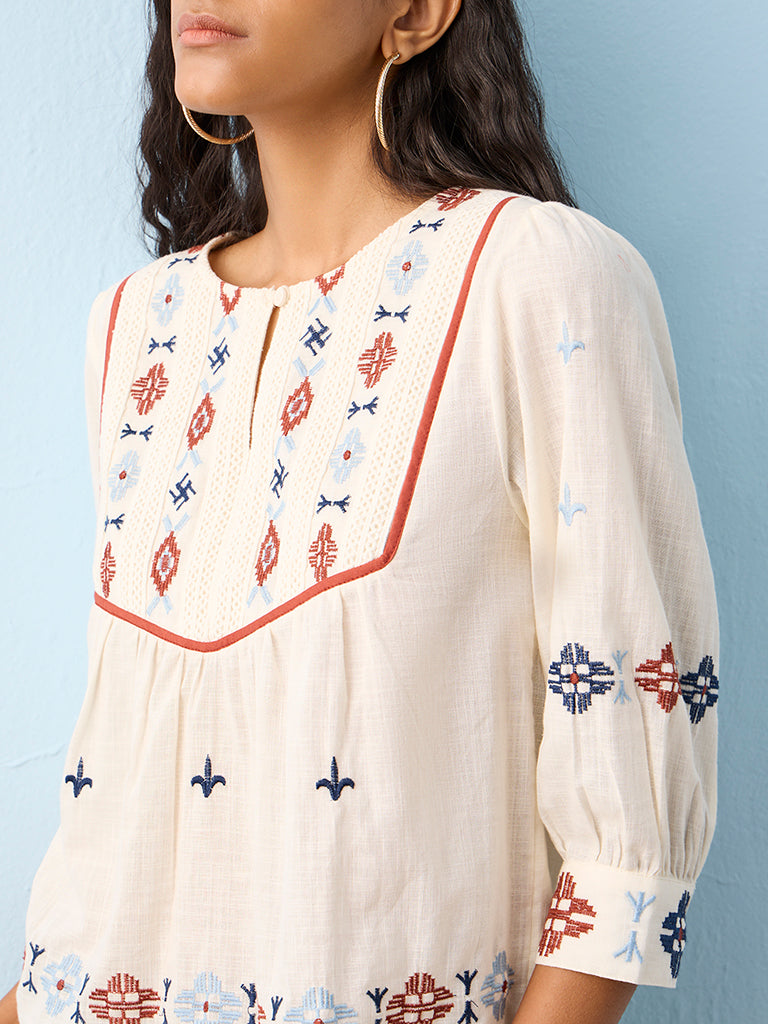 Bombay Paisley Off-White Embroidered Cotton Top