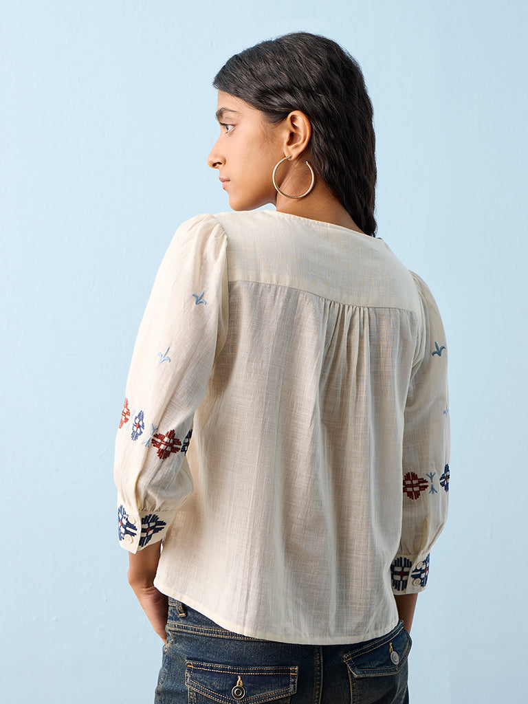 Bombay Paisley Off-White Embroidered Cotton Top
