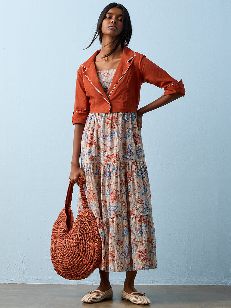 Bombay Paisley Red Cotton Tiered Dress with Jacket