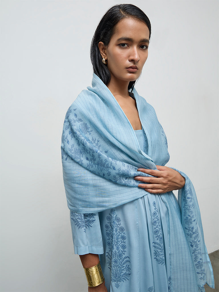 Zuba Wardrobe Blue Floral Printed Cotton-Blend Dupatta