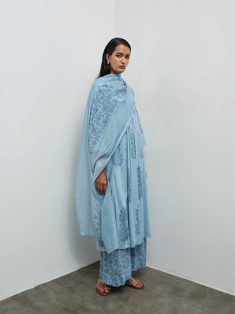 Zuba Wardrobe Blue Floral Printed Cotton-Blend Dupatta