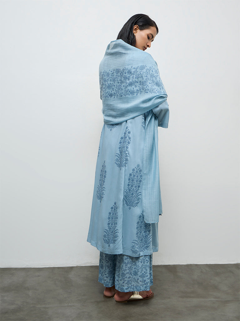 Zuba Wardrobe Blue Floral Printed Cotton-Blend Dupatta