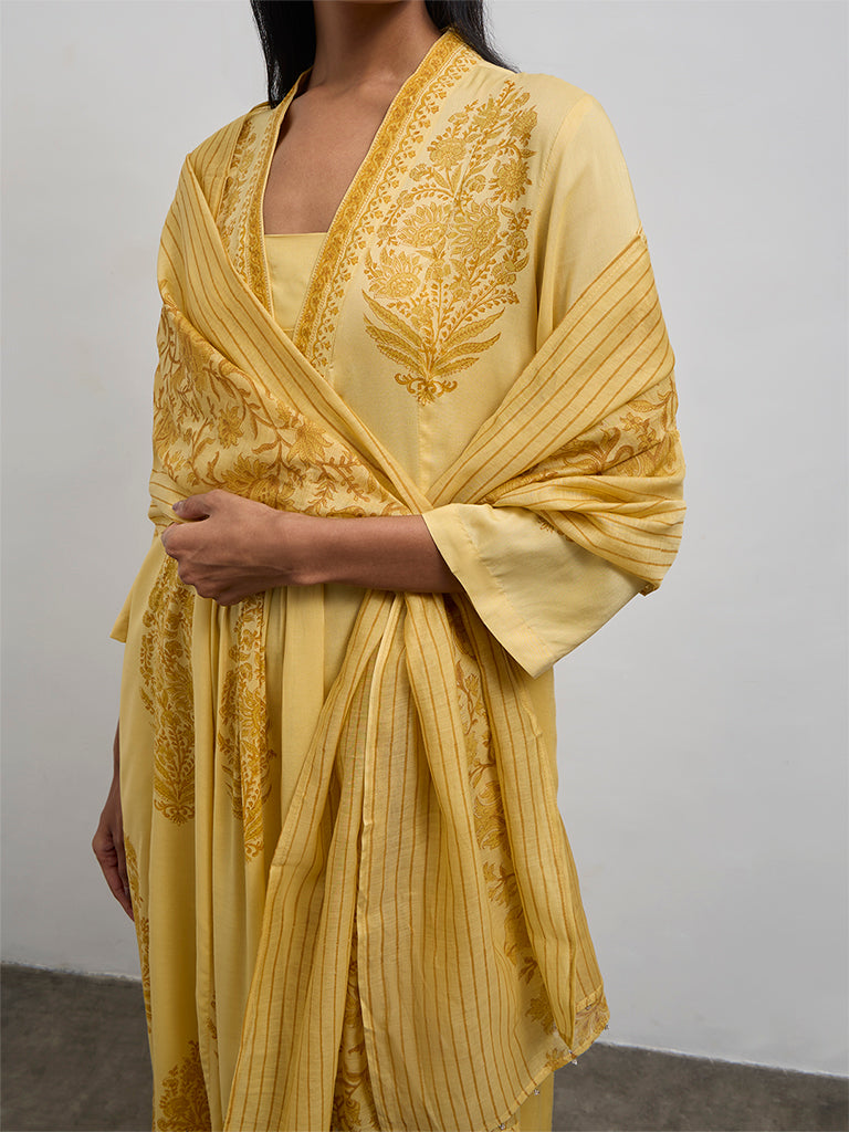 Zuba Yellow Floral Printed Silk Cotton-Blend Dupatta