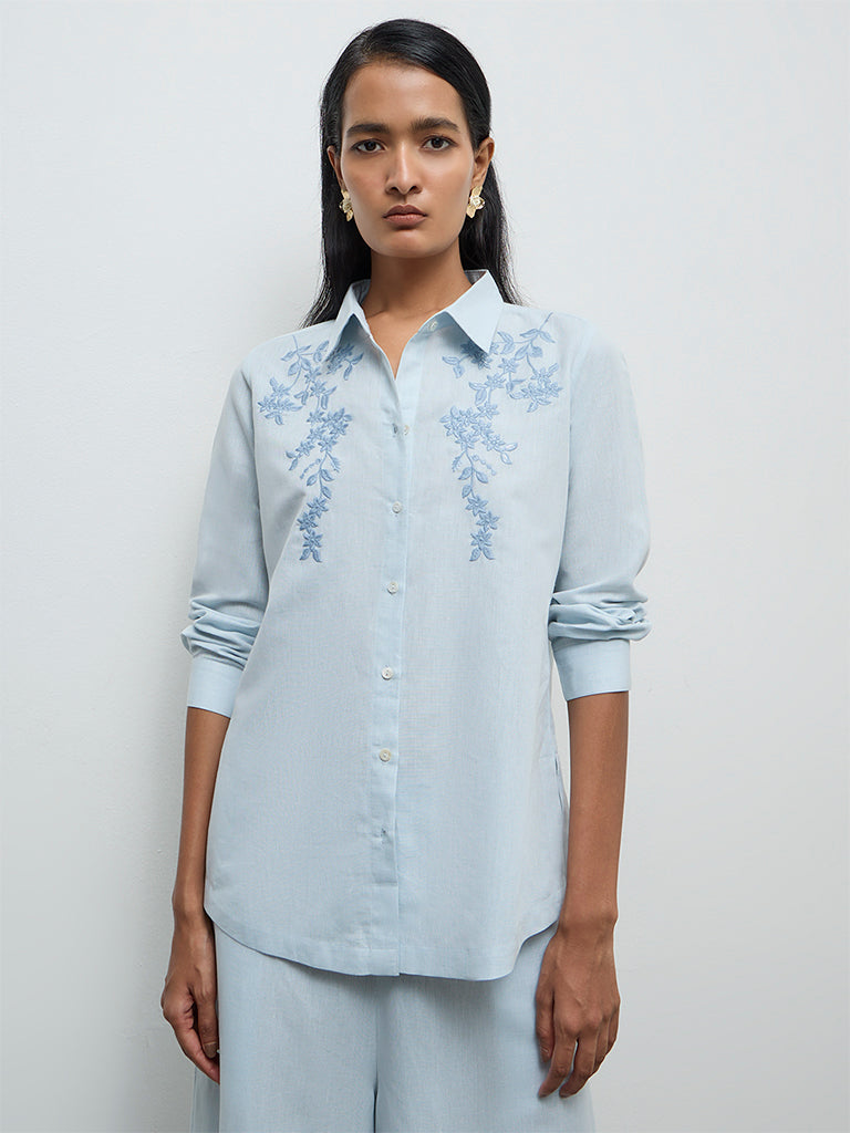Zuba Powder Light Blue Floral Embroidered Cotton-Blend Tunic