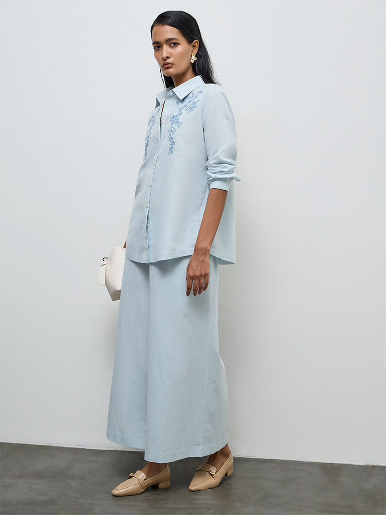 Zuba Powder Light Blue Floral Embroidered Cotton-Blend Tunic