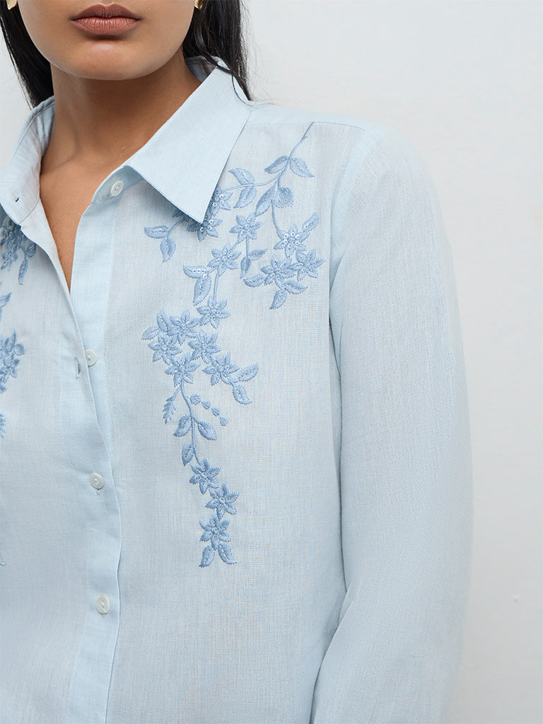 Zuba Powder Light Blue Floral Embroidered Cotton-Blend Tunic