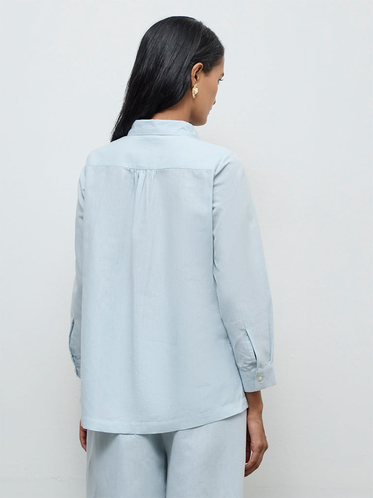 Zuba Powder Light Blue Floral Embroidered Cotton-Blend Tunic