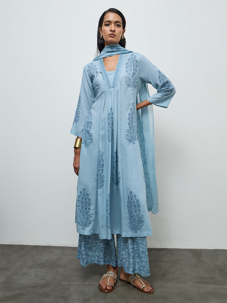 Zuba Wardrobe Blue Floral Printed A-Line Kurta