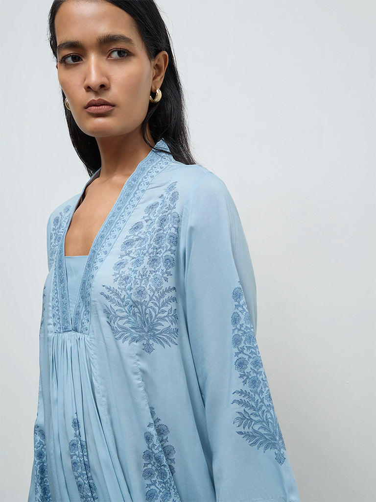 Zuba Wardrobe Blue Floral Printed A-Line Kurta
