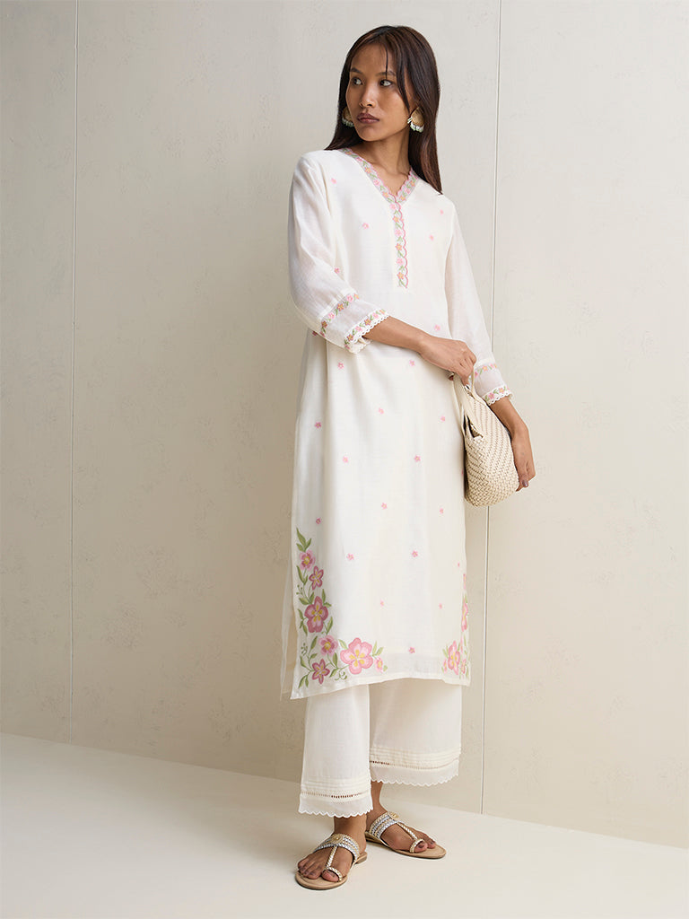 Zuba Ivory Floral Embroidered Cotton-Blend A-Line Kurta
