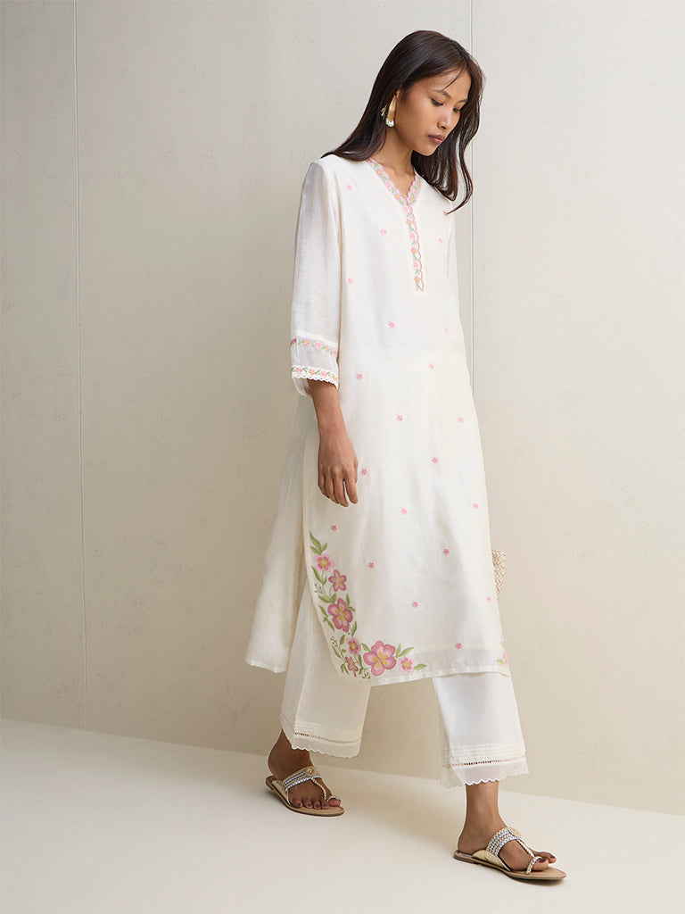 Zuba Ivory Floral Embroidered Cotton-Blend A-Line Kurta