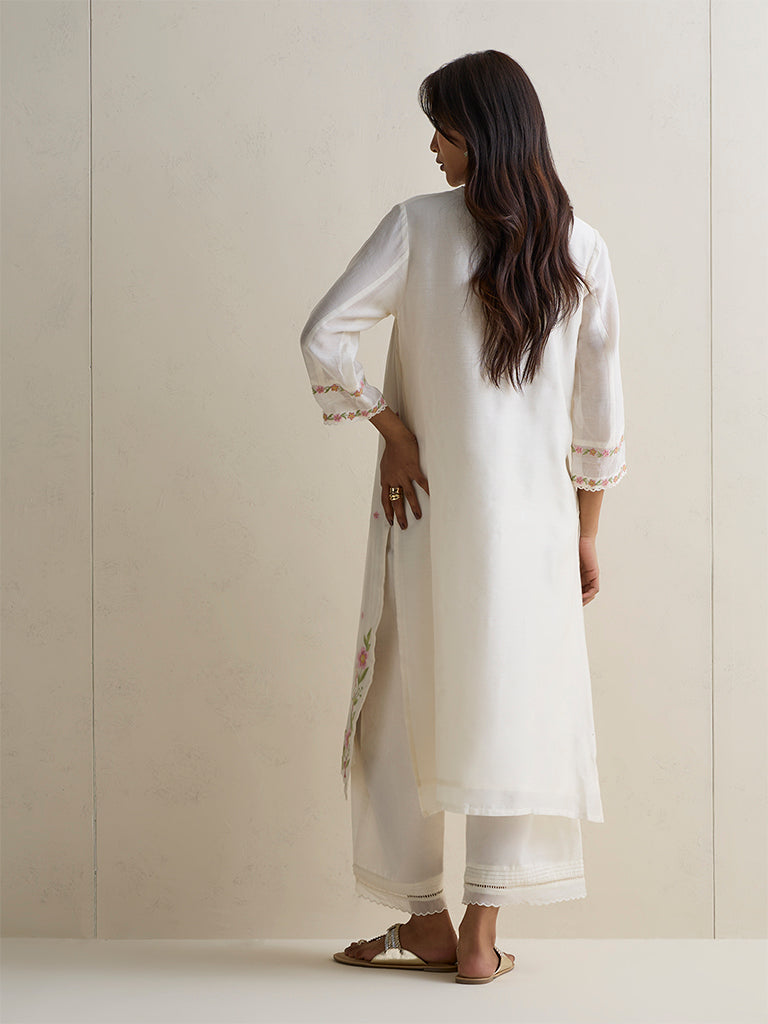 Zuba Ivory Floral Embroidered Cotton-Blend A-Line Kurta