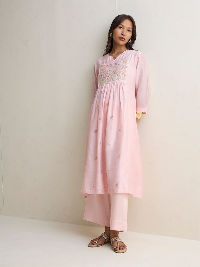 Zuba Light Pink Floral Embroidered Cotton-Blend A-Line Kurta