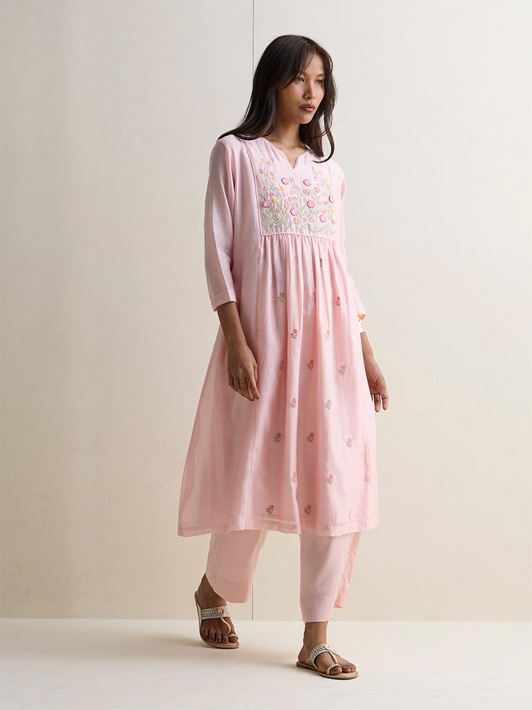 Zuba Light Pink Floral Embroidered Cotton-Blend A-Line Kurta