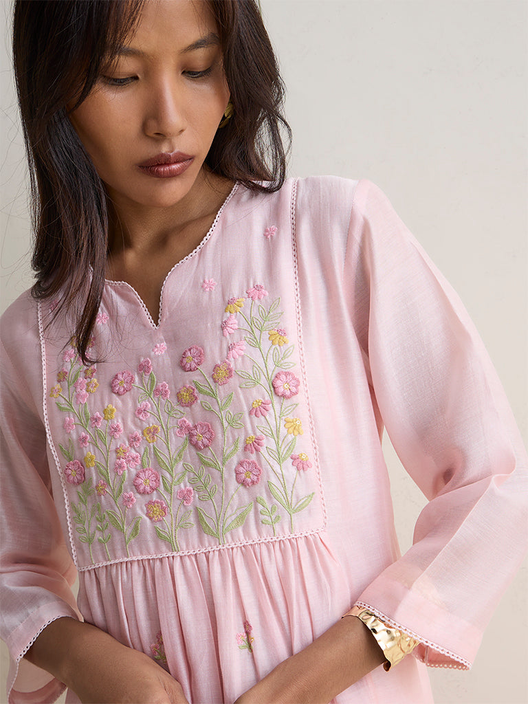 Zuba Light Pink Floral Embroidered Cotton-Blend A-Line Kurta
